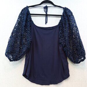 CUPIO Navy Blue Scoop Neck Puff Lace Sleeve Curve Hem Top